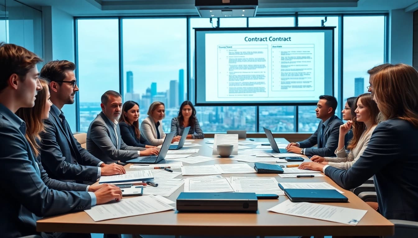 Professionals discussing Federal and State contracts in a modern office setting.