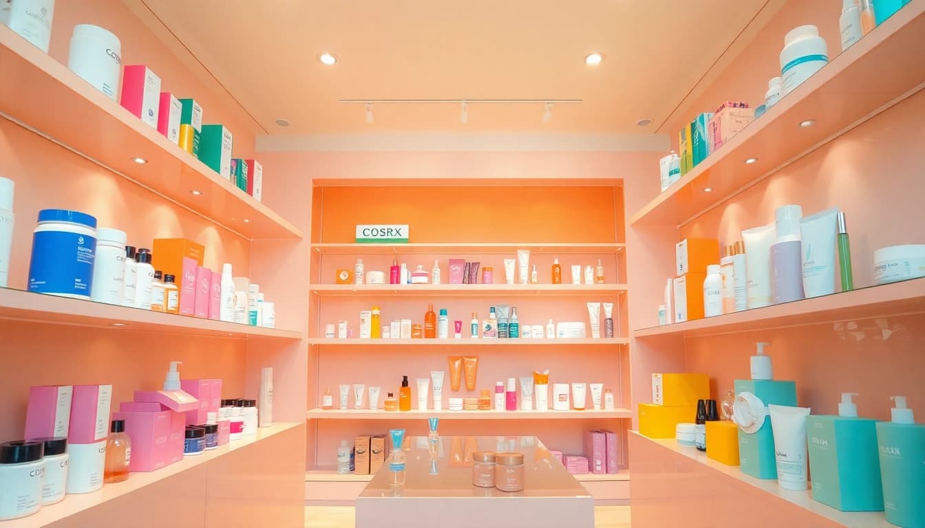 K Beauty onlinebutik som visar färgglada hudvårdsprodukter och bjuder in användare att utforska trendiga produkter.