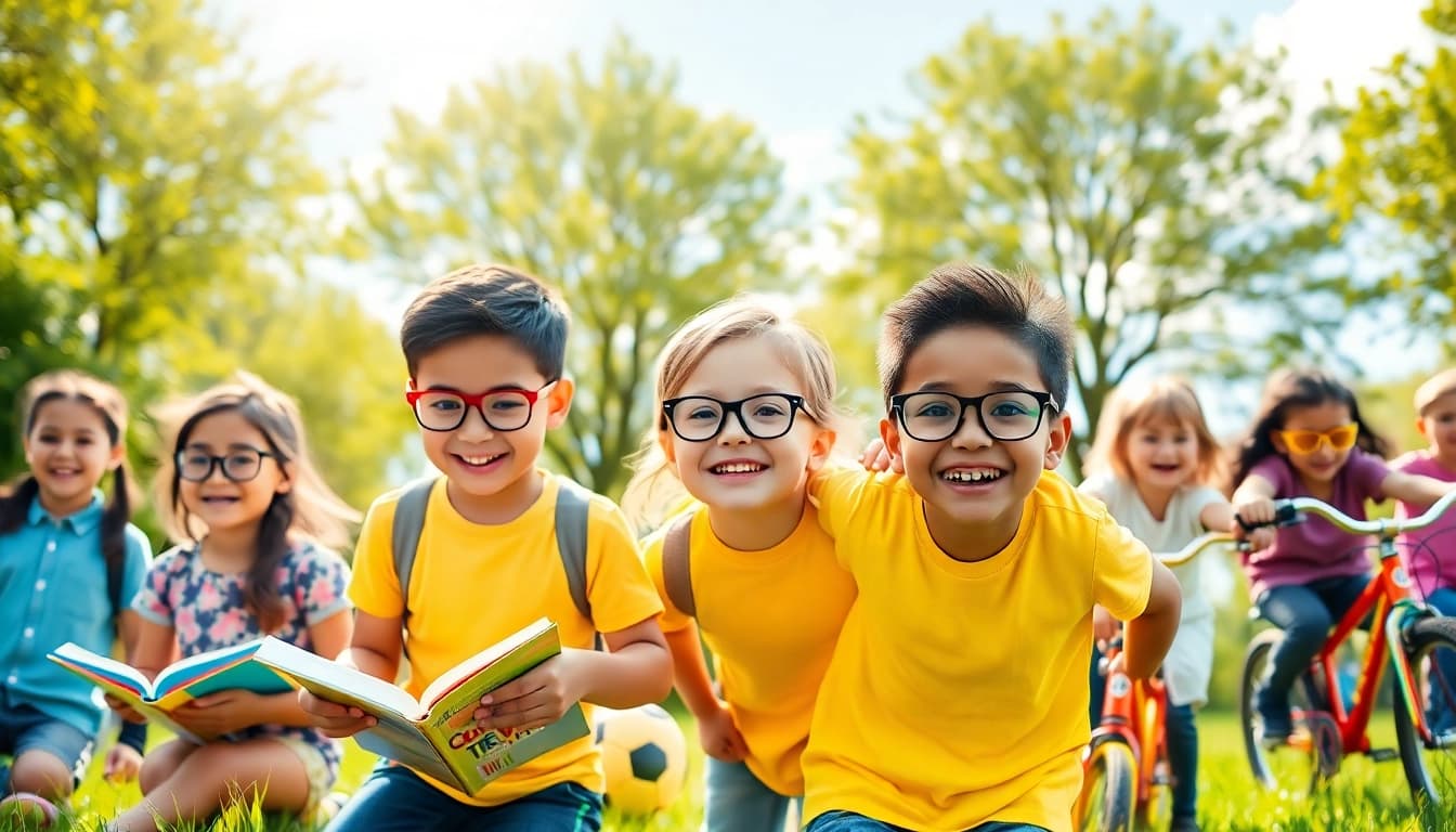 Empowered children engaging in activities representing Our Children's Vision, wearing eyeglasses.