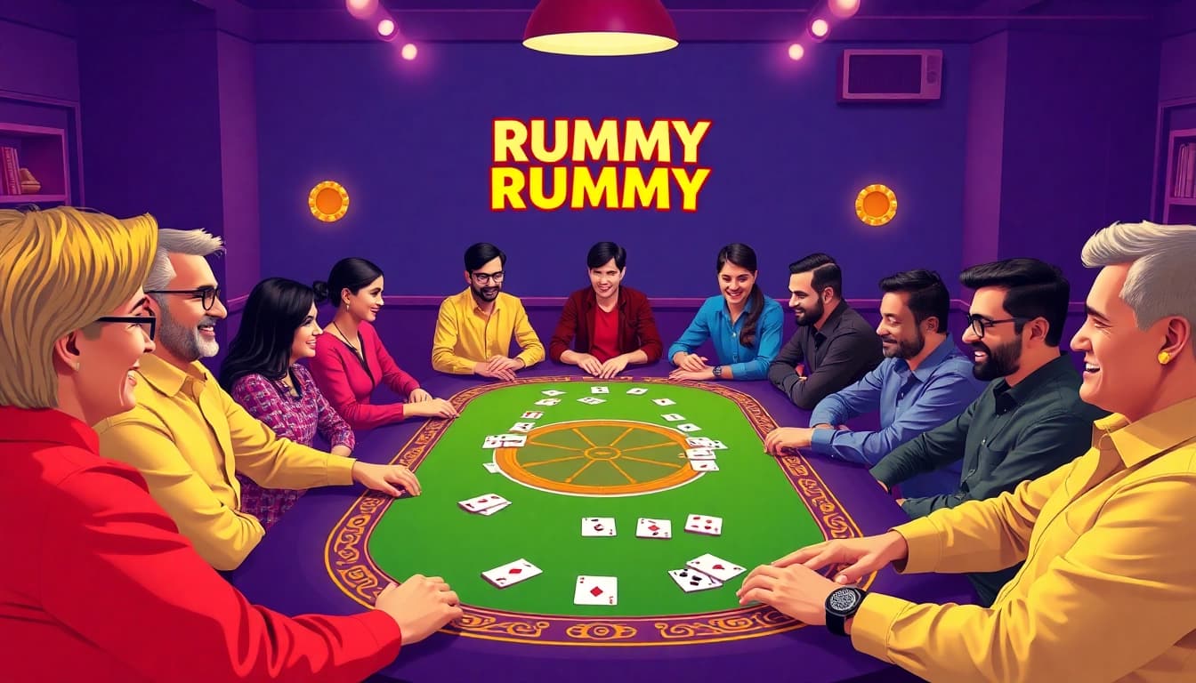 Rummy nabob players enjoying an exciting online game session with vibrant avatars and a colorful table.