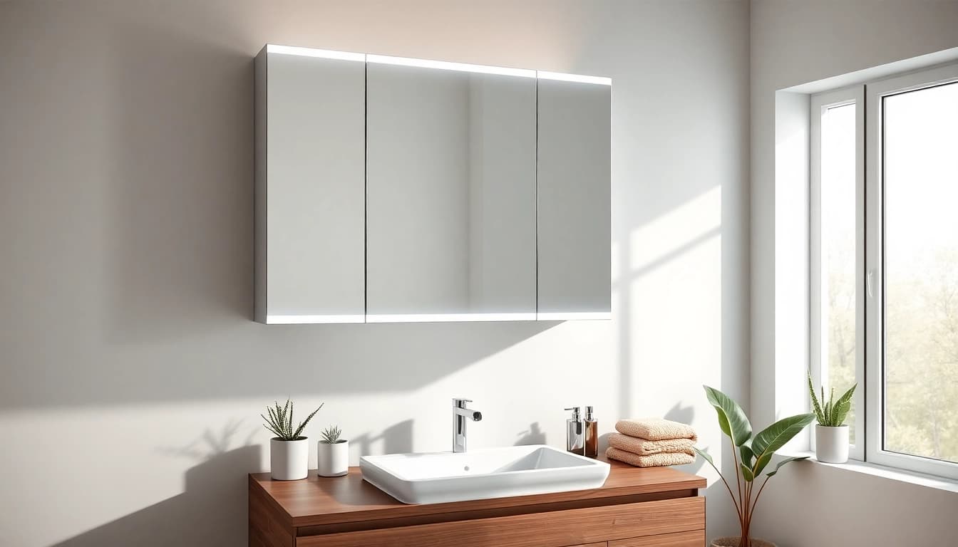 Präsentation eines spiegelschrank mit led Beleuchtung über einem modernen Waschbecken im Badezimmer.