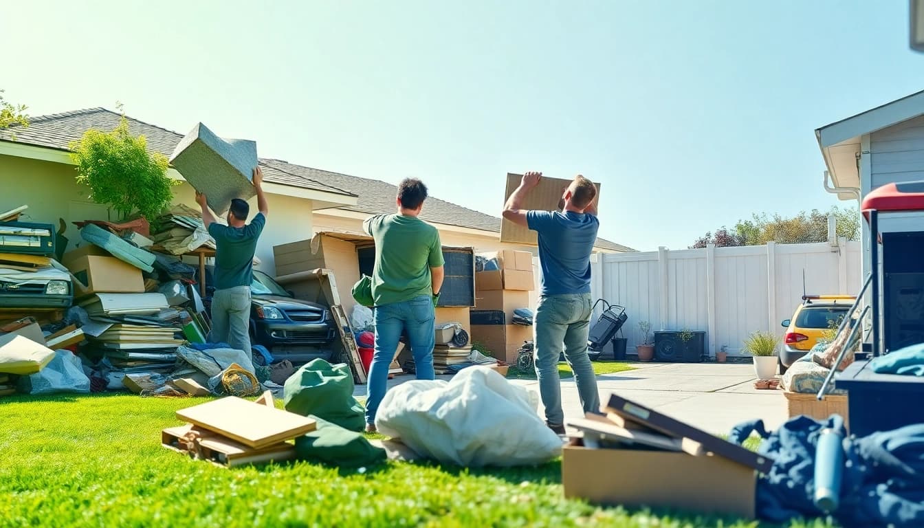 Experience effective junk removal with Myeasyjunkremoval.com showcasing a professional team revitalizing a cluttered yard.