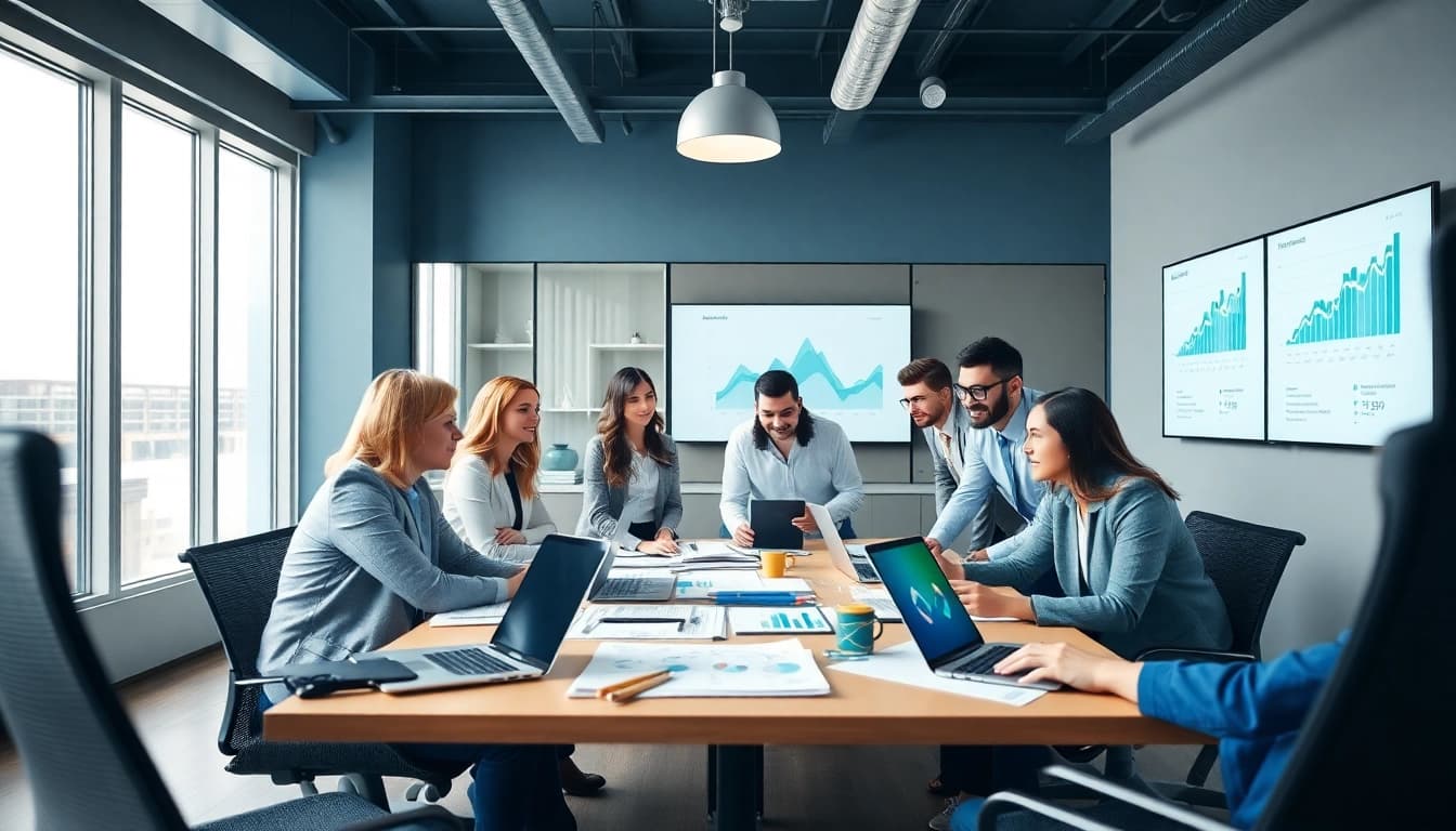 Team analyzing data for Competitive intelligence strategies in a bright and modern workspace.