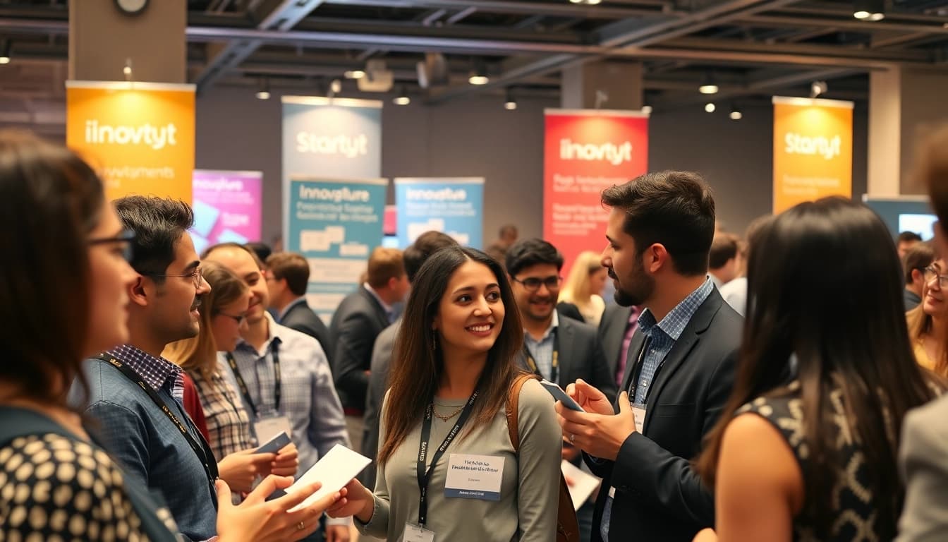 Engaged attendees networking at a startup innovation conference, showcasing collaboration and ideas.
