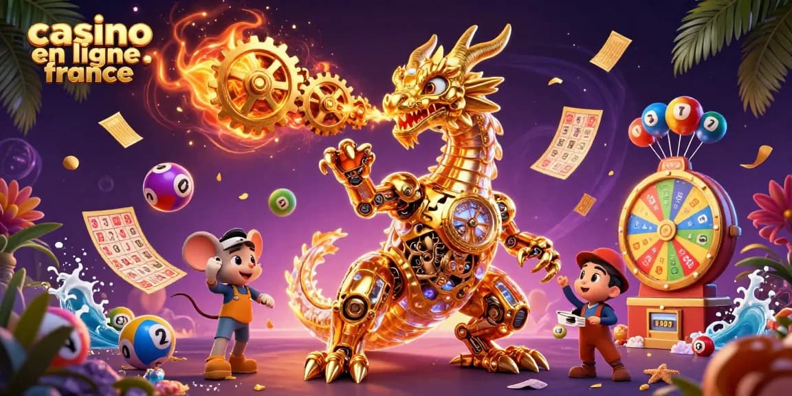 Jouer au casino en ligne en France avec un dragon mécanique et des éléments de loterie colorés