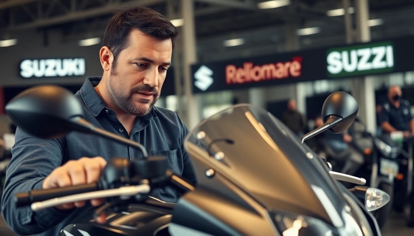 Wir kaufen dein motorrad erfahrungen bei einem Verkäufer, der eine Suzuki Motorrad prüft.