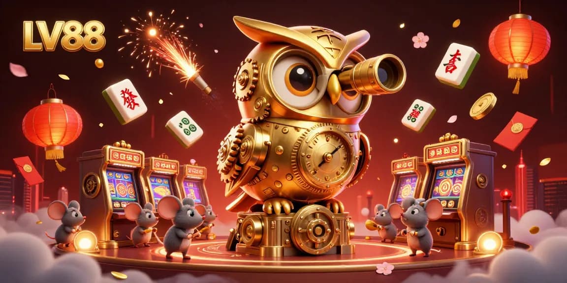 Experience the thrill at LV88 with a mesmerizing casino scene featuring an owl, slots, and festive elements.