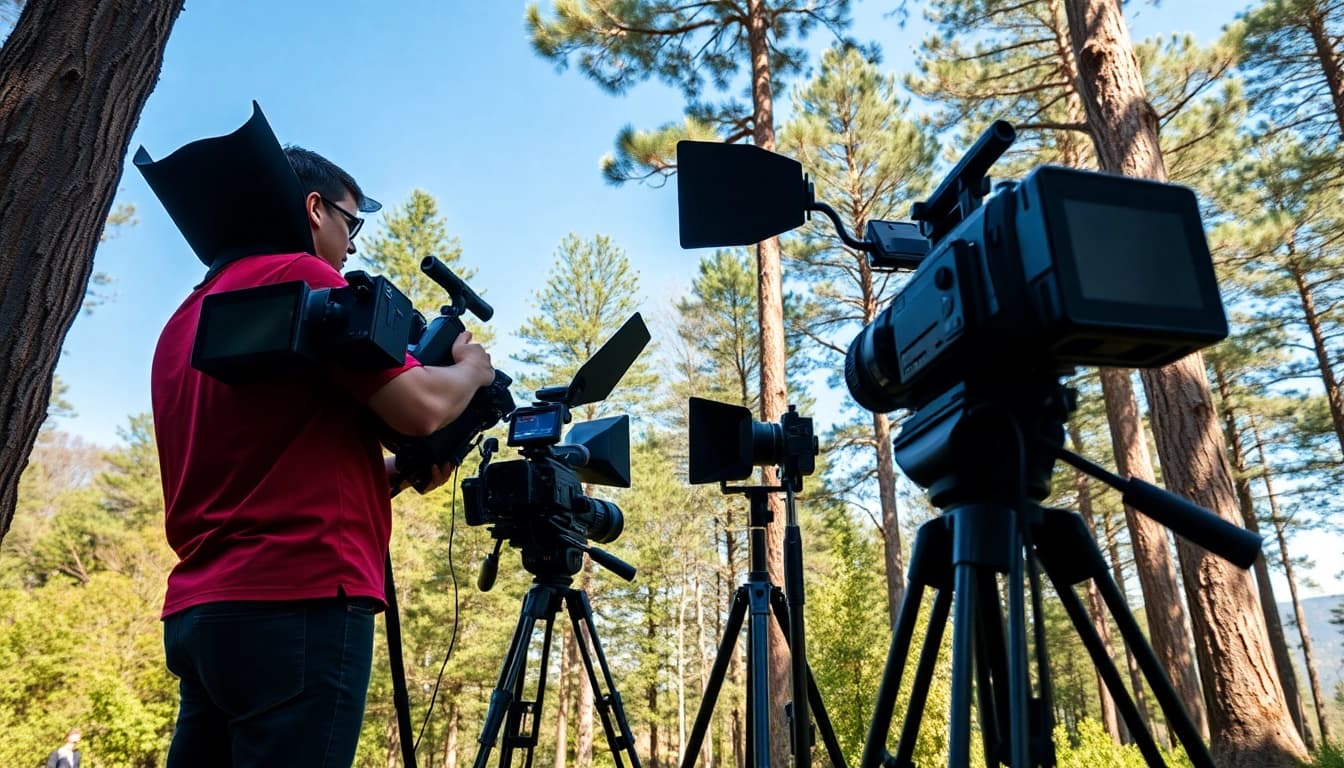 Cinematic video production showcasing a film crew in action in a stunning outdoor setting.