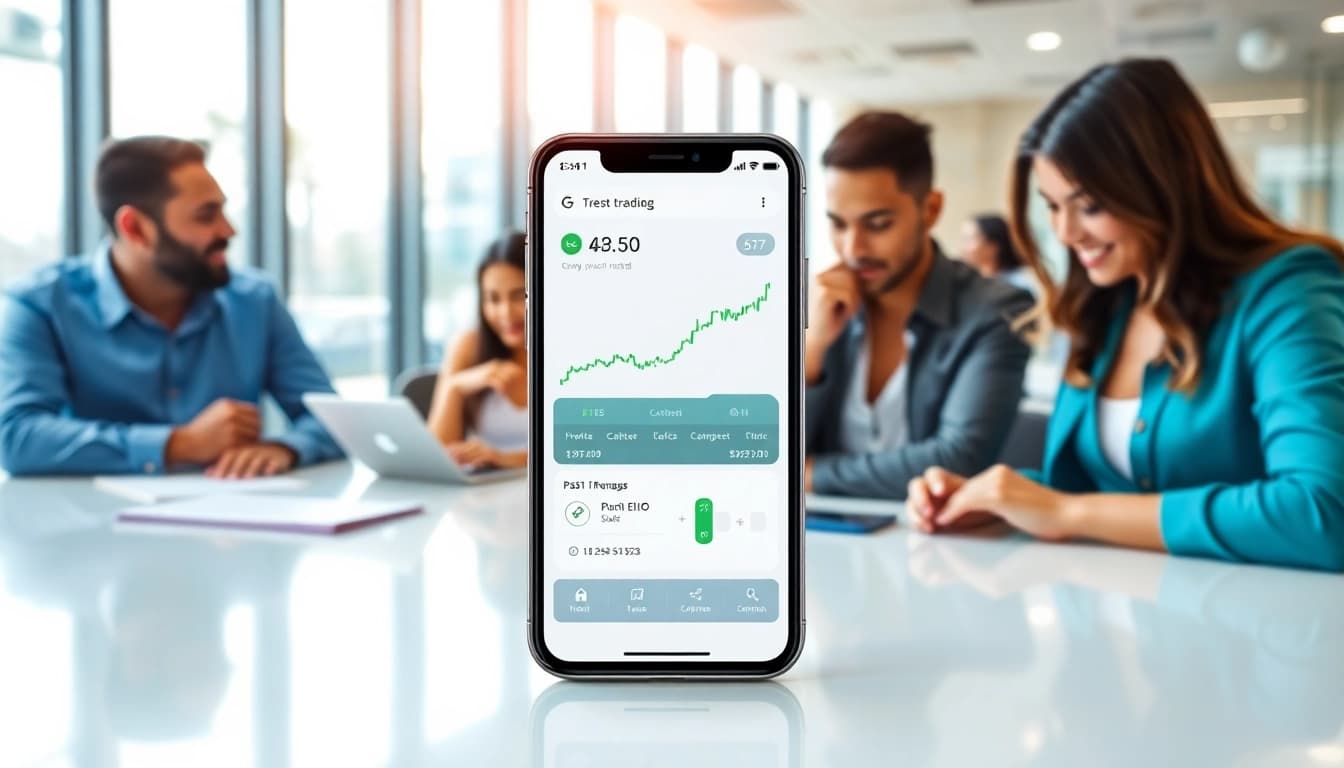 تطبيق تداول الأسهم عبر الهاتف المحمول في المملكة العربية السعودية مع واجهة مبتكرة ومستخدمين متفاعلين.