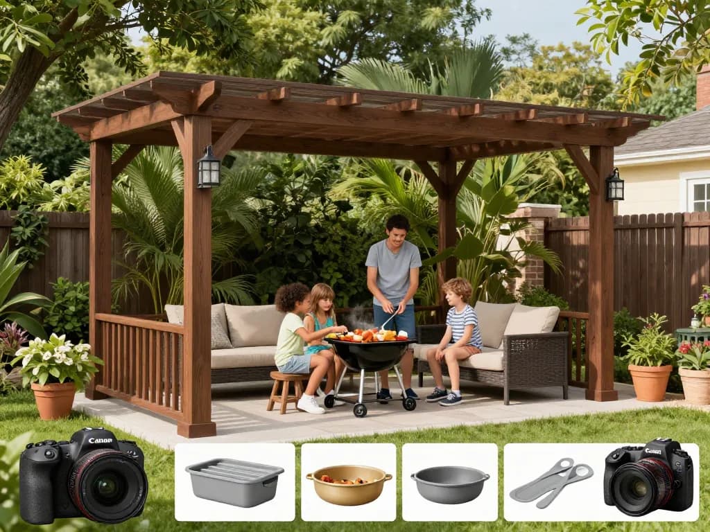 Configuratore pergola online with family enjoying a customizable pergola in a beautiful backyard setting.