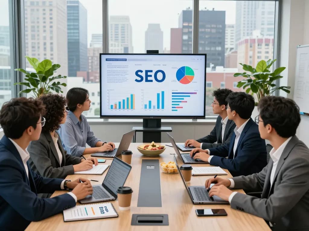 SEO Company in NYC team discussing digital marketing strategies in a vibrant office setting.