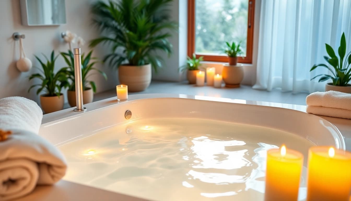 Vasca da bagno elegante immersa in un ambiente rilassante con candele e piante.