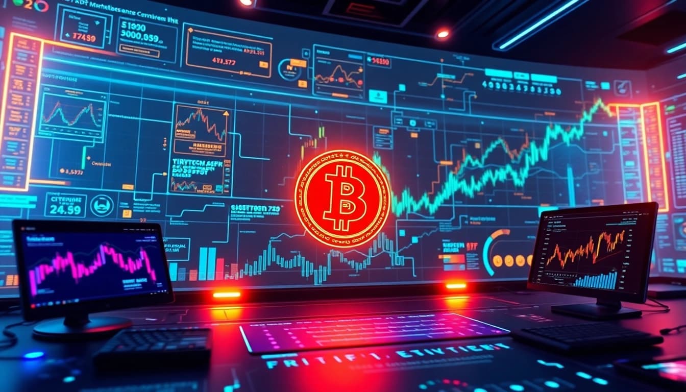 Wizualizacja łańcucha blokowego kryptowalut z logami Bitcoin i Ethereum, portfelami cyfrowymi, wykresami handlowymi i elementami DeFi.