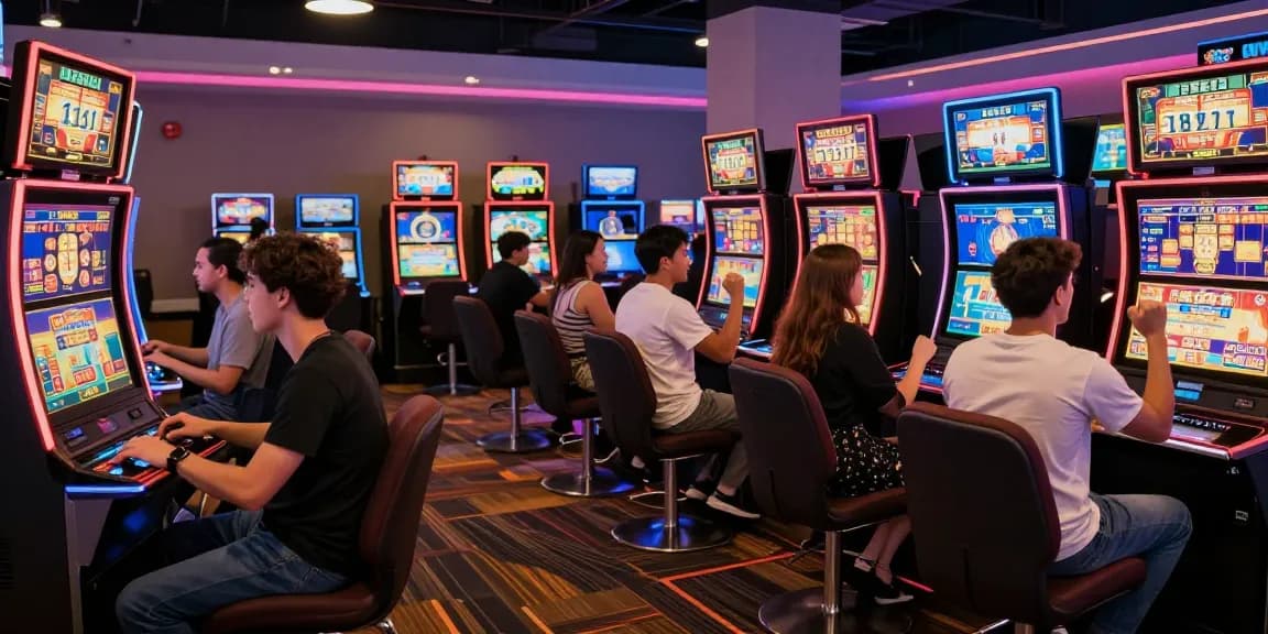 Excited players engaging with popular online slot games in a lively casino lounge.