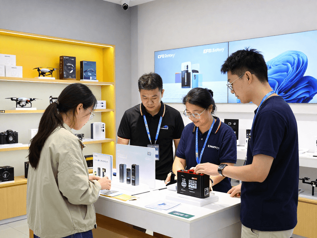 EPB Battery showcased in a consumer electronics store with customers exploring products.