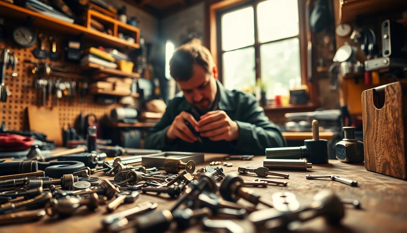 locksmiths Durham expertly servicing a valuable lock in a cozy workshop.