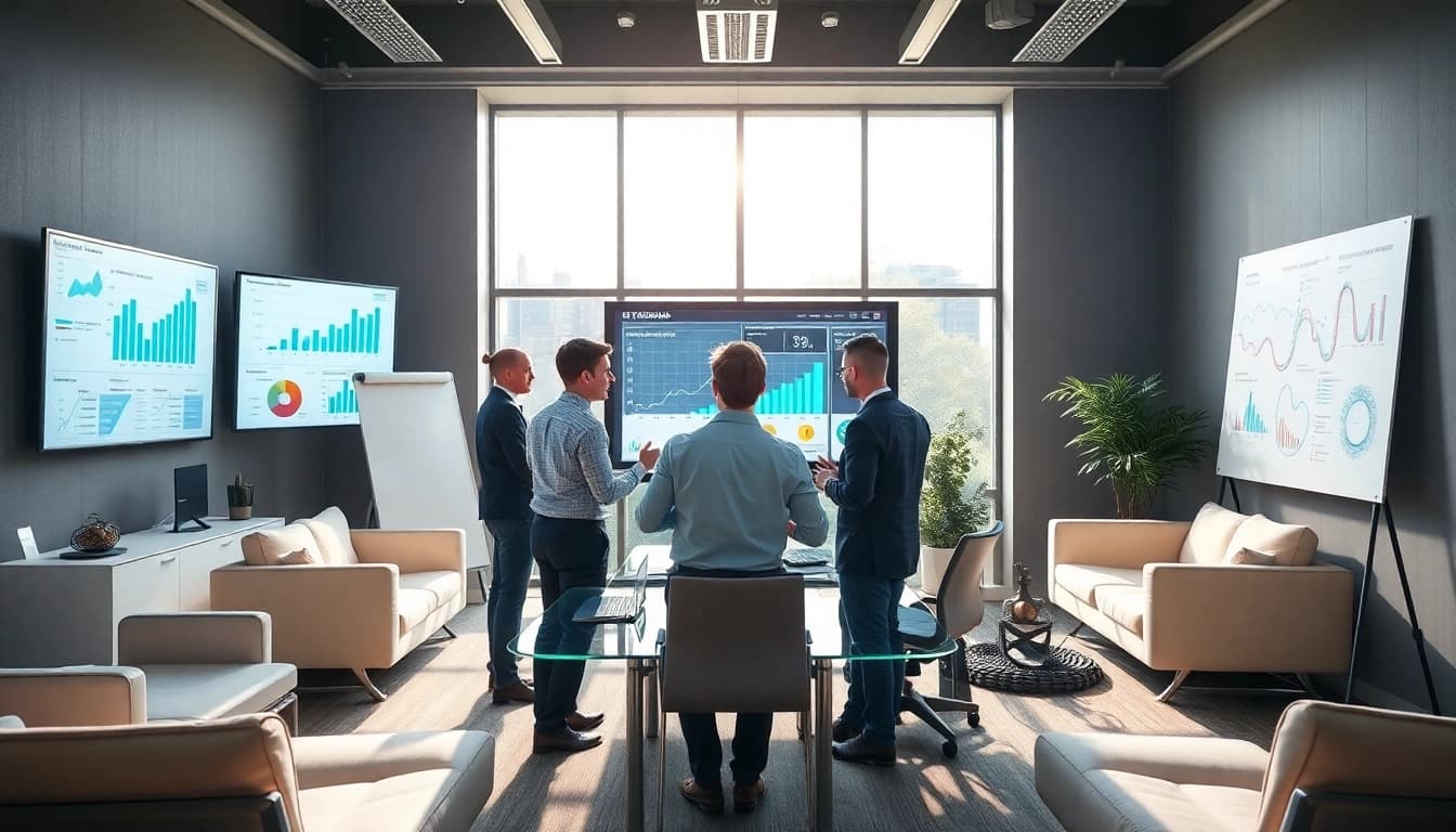 Sales team engaged in competitive intelligence for sales analysis in a bright conference room.