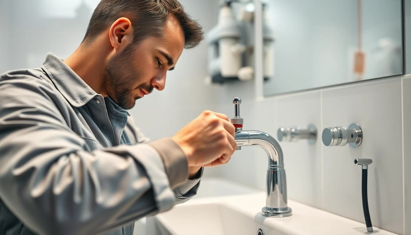 Technician installing fixtures of sonni sanitär GmbH in a contemporary bathroom.