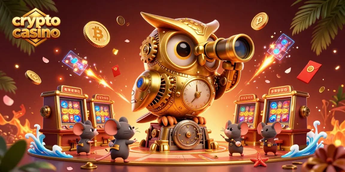 Plonger dans le monde du crypto casino avec une illustration 3D captivante d’un hibou en or, de machines à sous et de pièces de réalité virtuelle.