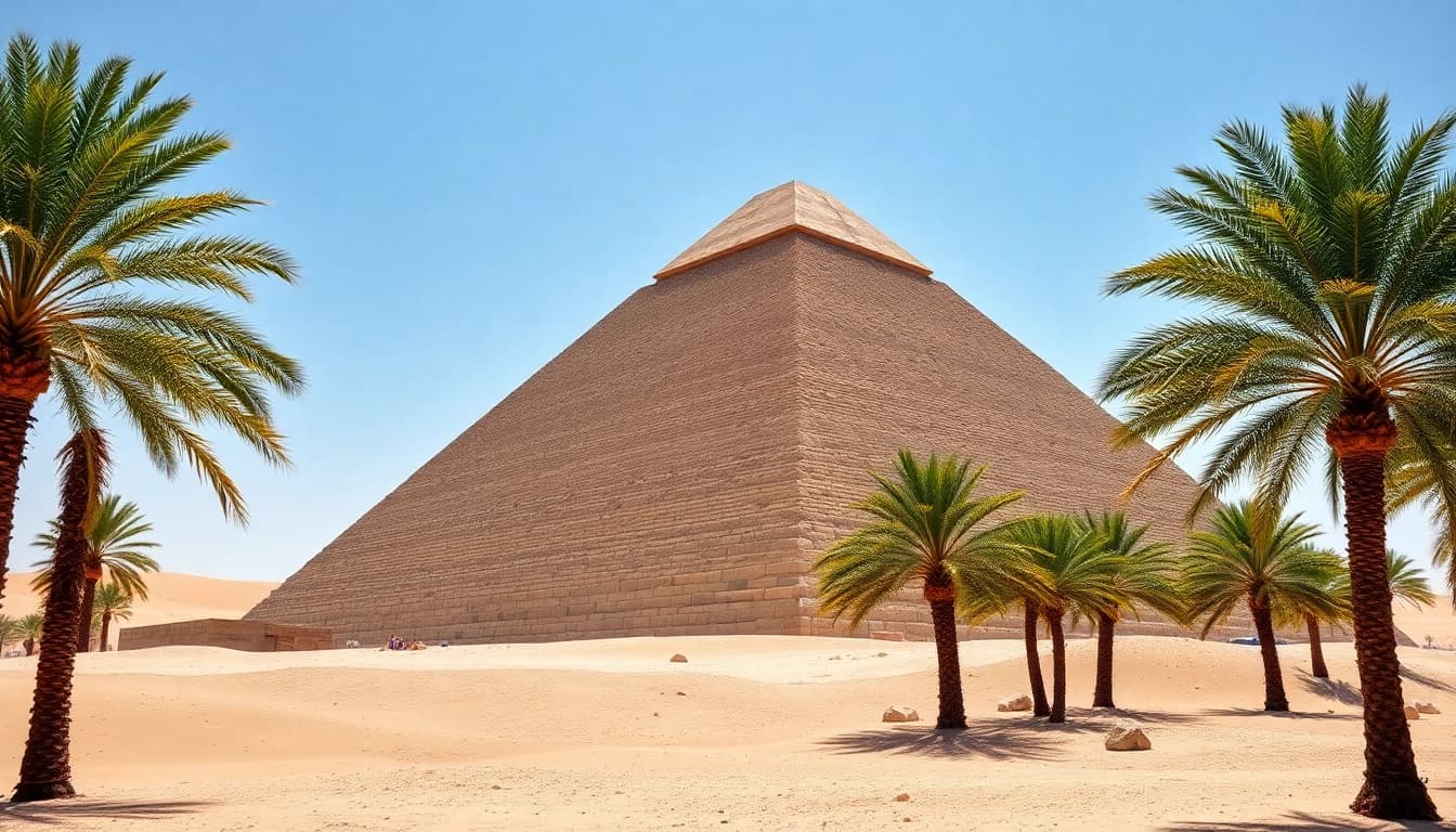Piraminds stand tall against a clear blue sky, surrounded by lush palm trees and sand dunes.