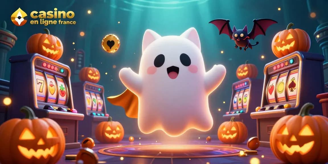 Scène de casino en ligne France avec un chat fantôme, une chauve-souris et des citrouilles.