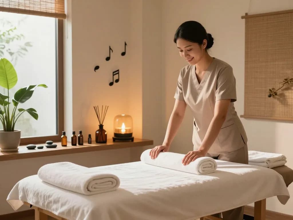 편안한 조명과 에센셜 오일이 있는 서초스웨디시 마사지 치료실 설정.