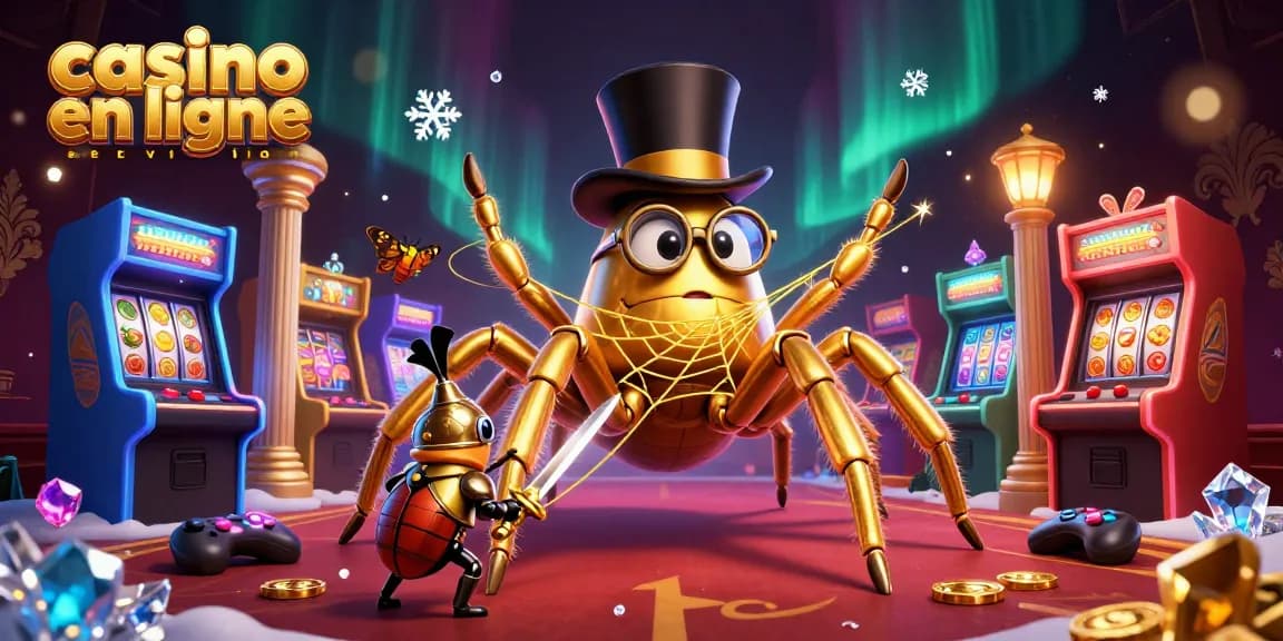 Illustration d'un casino en ligne sans vérification avec une araignée dorée, un chevalier scarabée et des machines à sous colorées.