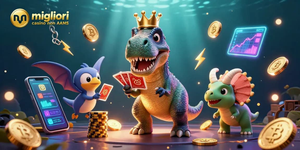 Immagine di un T-Rex in un casinò digitale con carte e chips d'oro nei migliori casino non AAMS