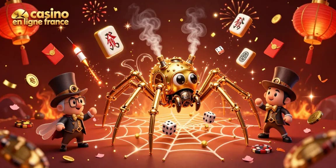 Découvrez les meilleurs jeux au casino en ligne France avec cette illustration dynamique d'une araignée steampunk.