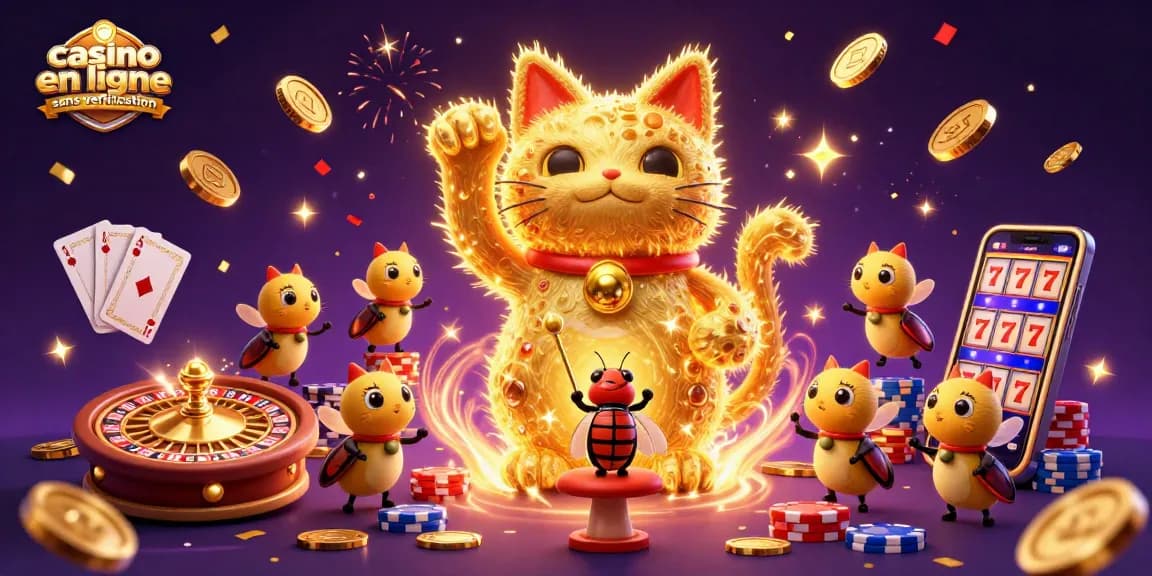 Jouez au casino en ligne sans vérification avec un chat porte-bonheur et plein de jetons dorés.