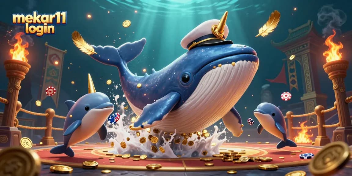 Mekar11 login illustration showing a playful scene with a whale and dolphins amidst a casino theme with poker chips.