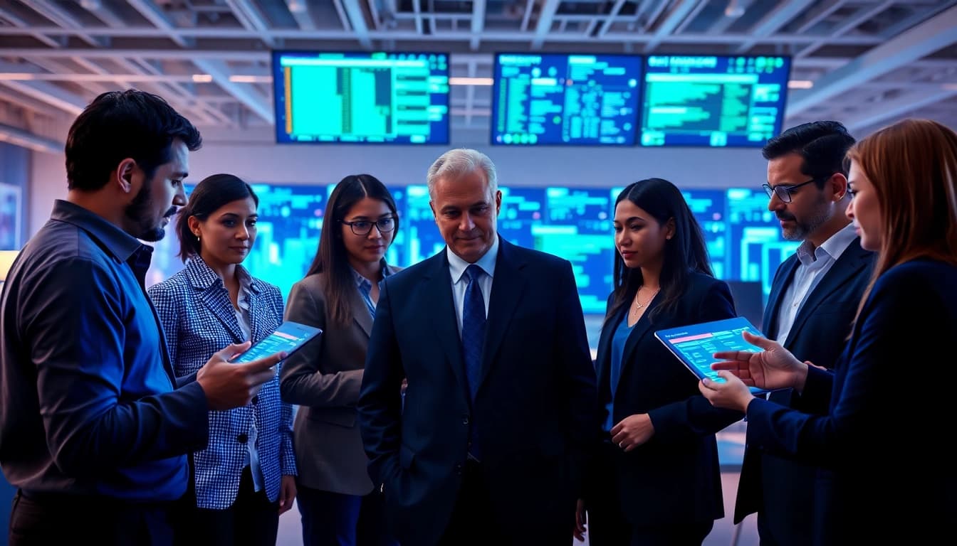 Cyberdan cybersecurity experts collaborating in a high-tech environment with advanced digital interfaces.