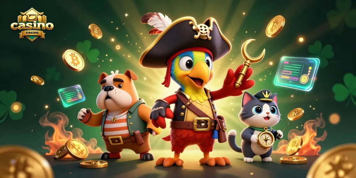 Illustration vibrant de crypto casino avec un perroquet capitaine et un bulldog premières classes