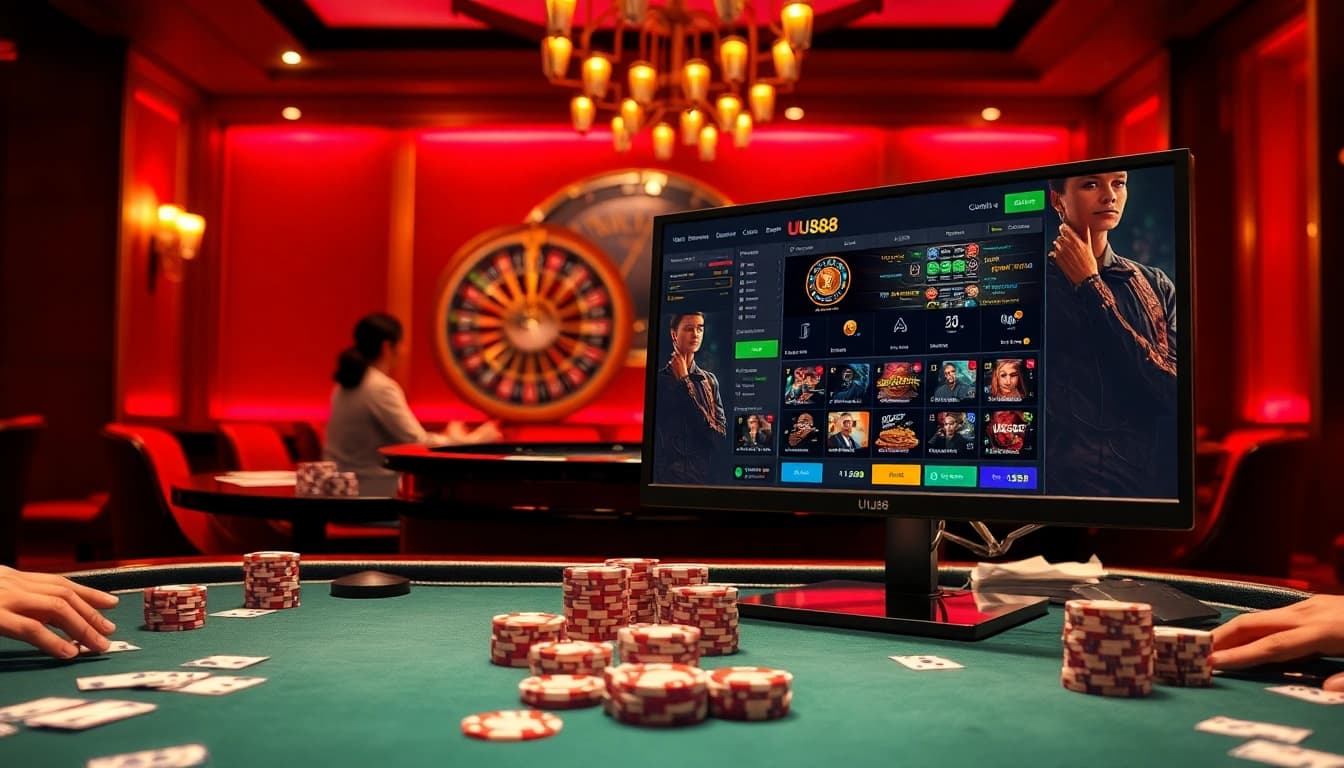Engaged players at a luxurious UU88 poker table, creating a thrilling gambling atmosphere.