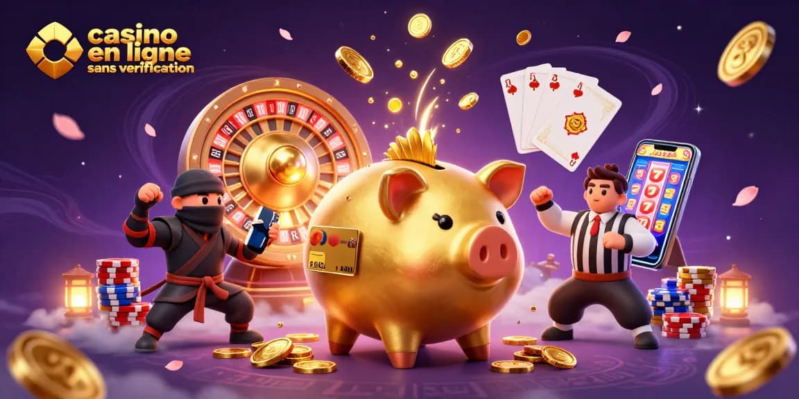 Jouez au casino en ligne sans vérification avec un sumo aux pièces dorées dans une illustration dynamique.
