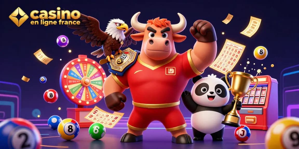Frénésie de jeux au casino en ligne France avec un bull, un aigle et un panda célébrant des gains.