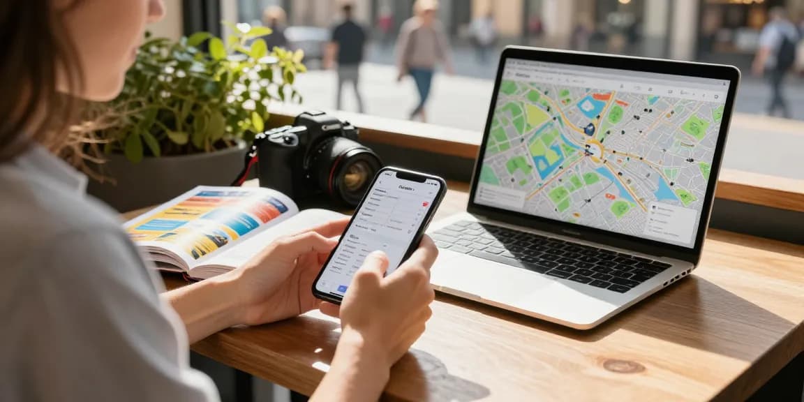 Traveler using itinerary builder app at café with vibrant travel guides and laptop in view.