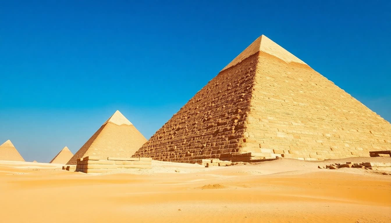 View the Great Pyramid of Giza with intricate details at https://piraminds.com/ under a vibrant blue sky.