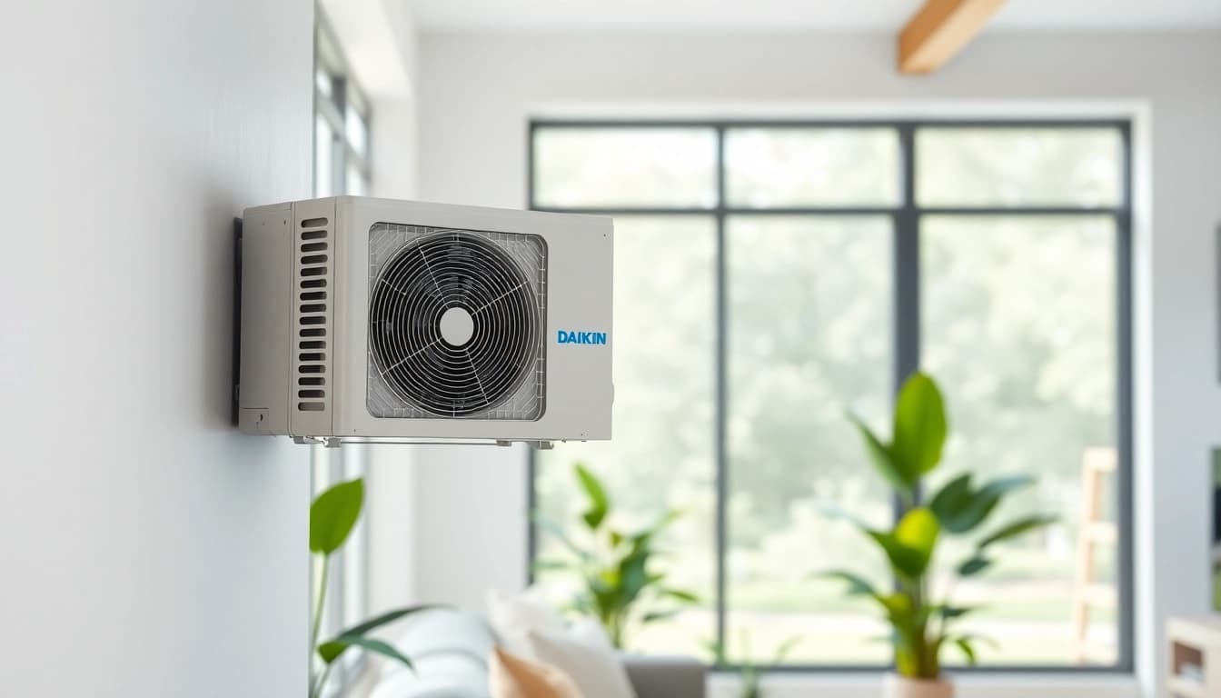 Efficient Daikin mini split AC mounted in a stylish living room, showcasing its modern design.