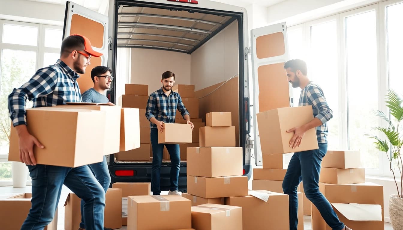 Efficient house removal companies team packing boxes for a residential move.