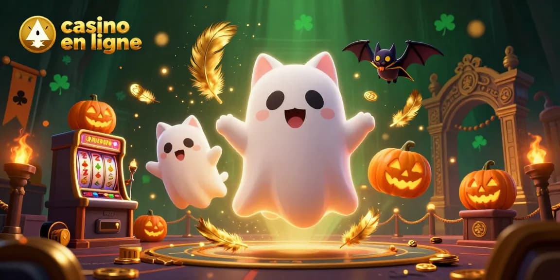 Plongez dans l'univers du casino en ligne avec un chat fantôme et ses amis dans une scène ludique.