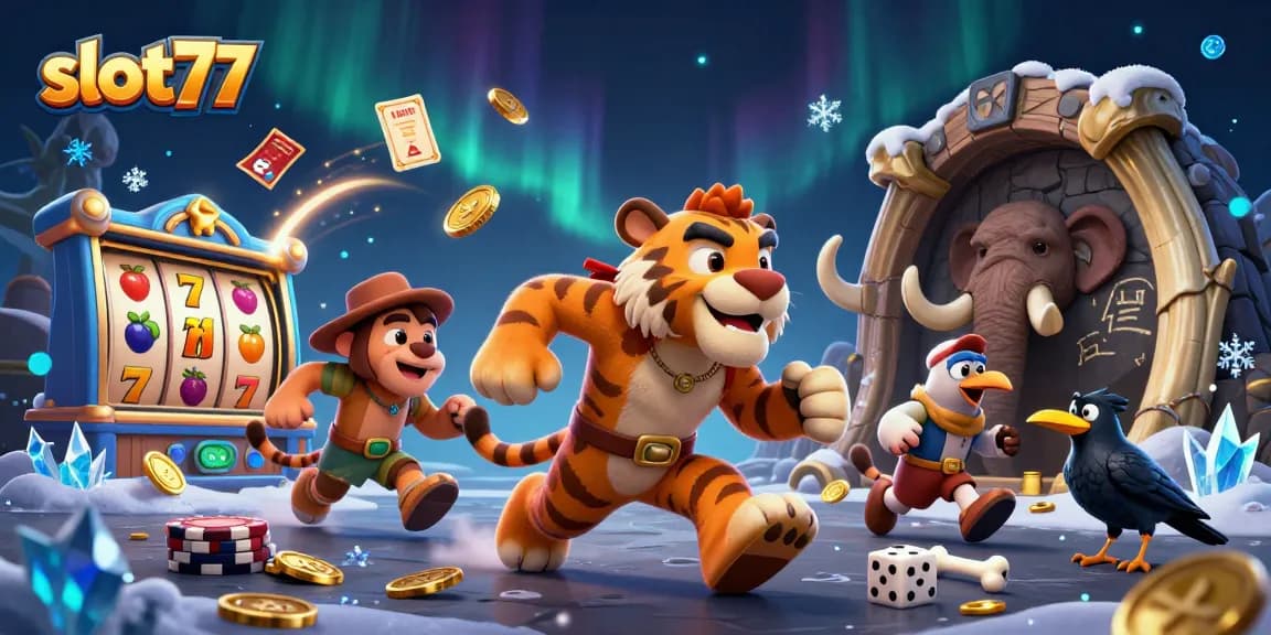 Experience thrilling slot77 games in a vivid 3D casino scene with cartoon characters and dynamic elements.