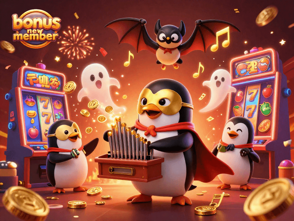 Experience the thrilling bonus new member promotion with an exciting casino scene featuring a playful penguin and a bat acrobat.