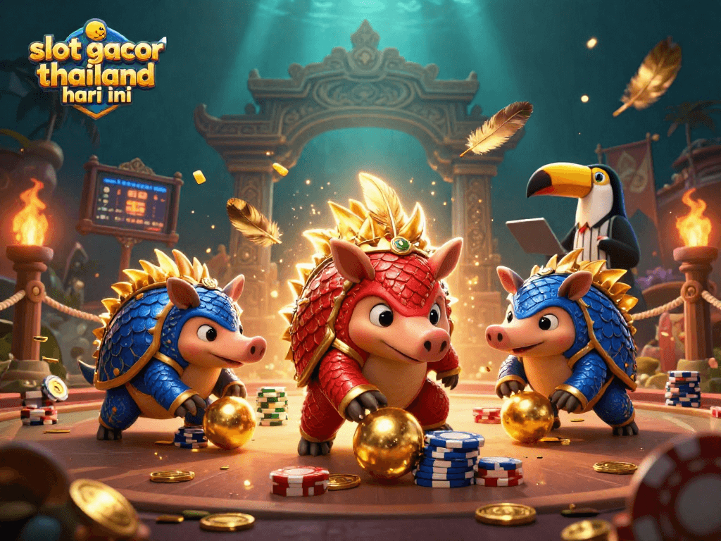 Engaging in slot gacor thailand hari ini, a dynamic gambling scene with animated pangolins and confetti.