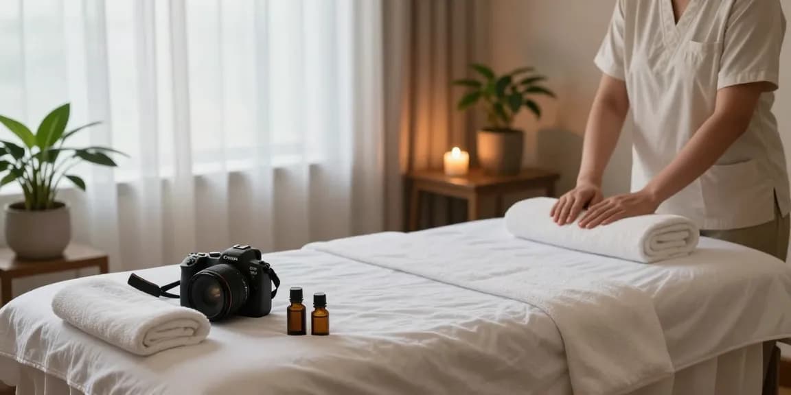 마사지 치료를 위한 아늑한 마사지룸의 모습, 편안한 분위기와 자연 요소가 조화를 이루고 있습니다.