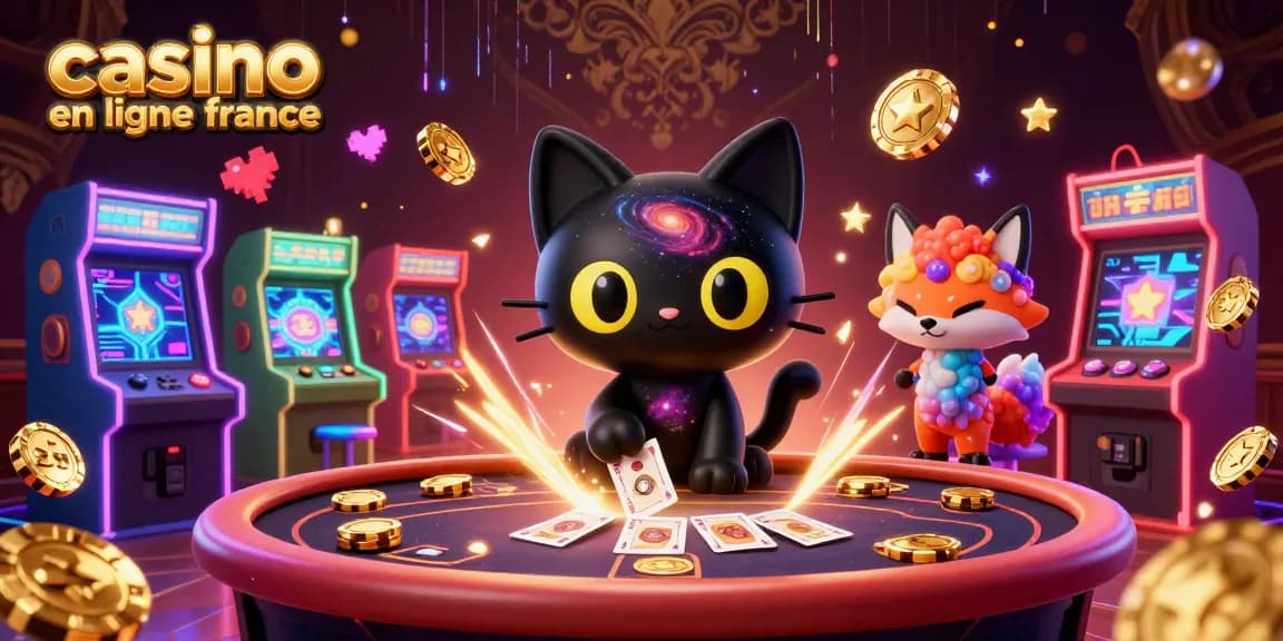 Le chat noir de casino en ligne France attire des jetons en or sur une table cosmique avec des machines d'arcade colorées.