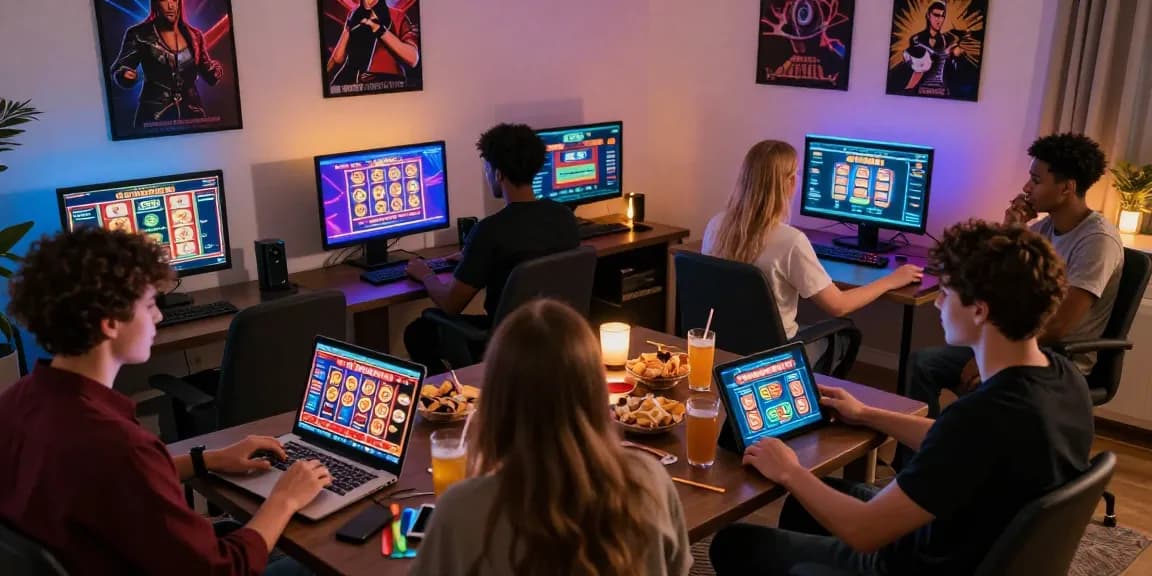 Friends enjoying online credit card casinos in a cozy gaming setup, showcasing excitement and social interaction.