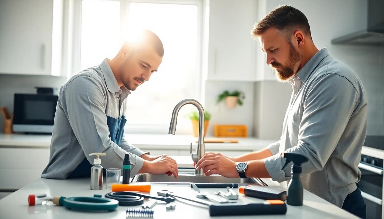 Plumber Knightdale fixing a leak in a modern kitchen with tools and bright lighting.