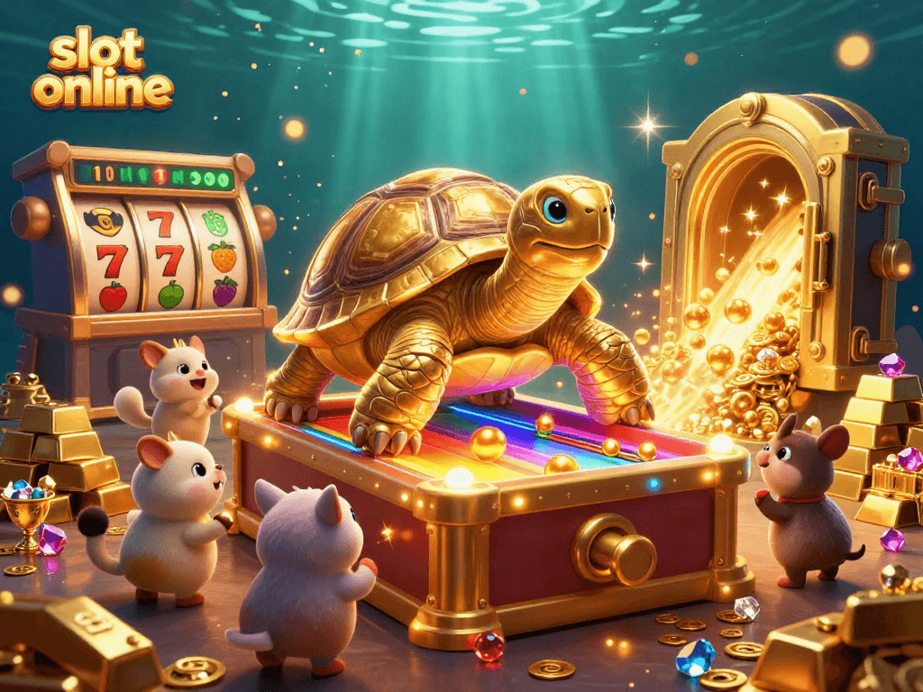 Spin to win at slot online with vibrant visuals of a golden tortoise and sparkling treasure!