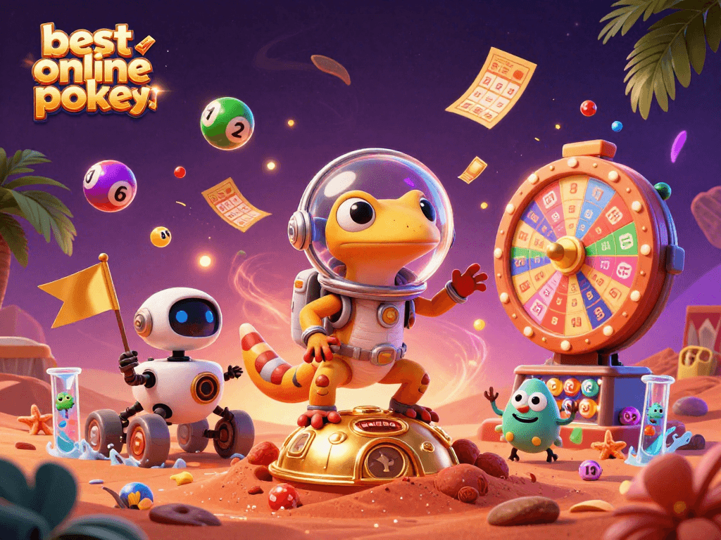 Engaging visual of best online pokies showcasing a Martian gecko exploring a golden casino with exciting game elements.